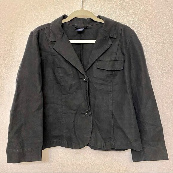 Gap Linen cotton Blend Blazer Womens Black goth 2 Button size 14 - Picture 1 of 8